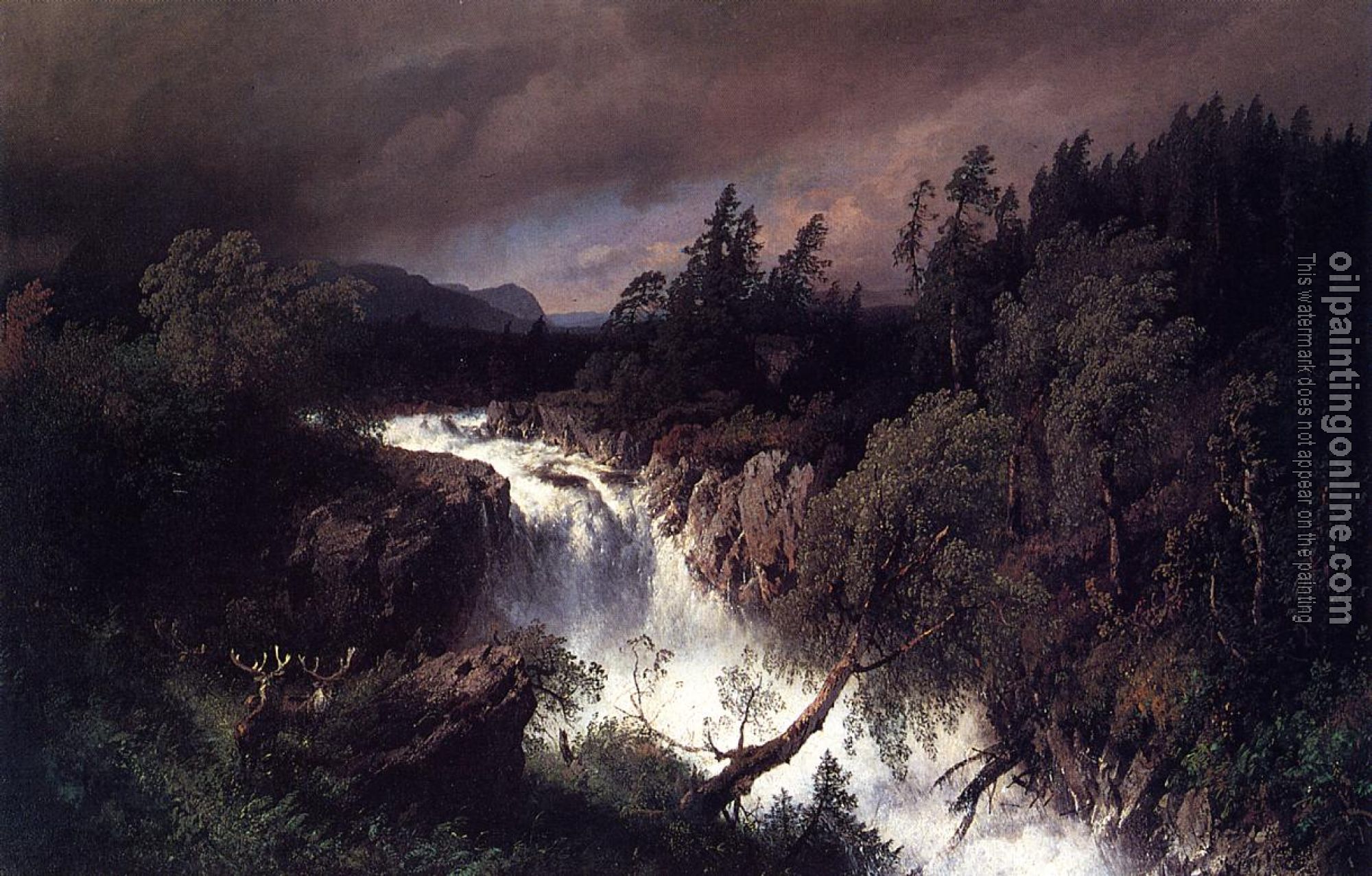 Herman Herzog - Mountain Landscape and Waterfall